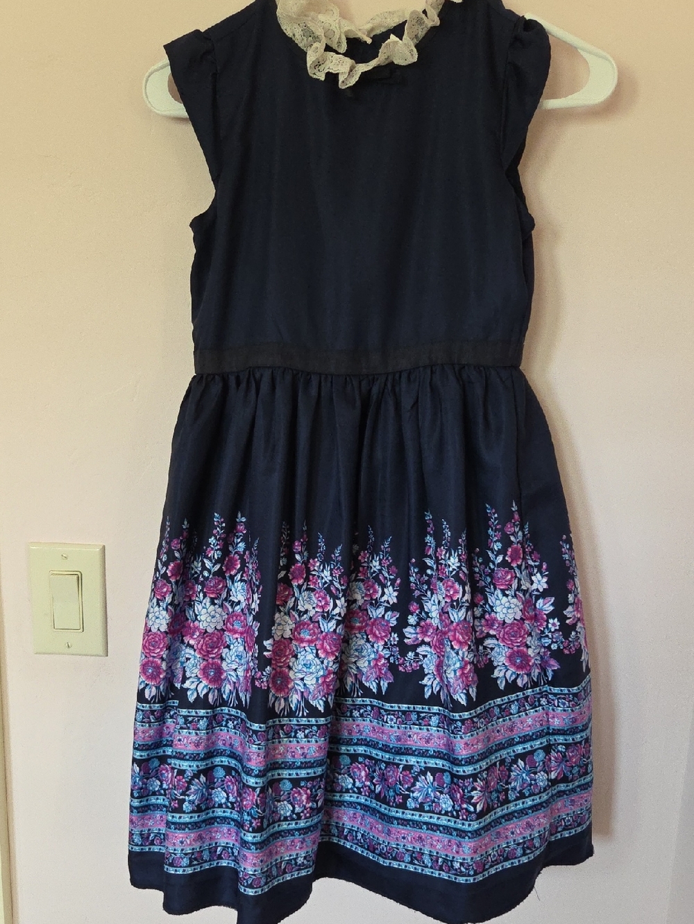 Janie and Jack Navy Dress with Pink and Blue Floral Border and Cream Lace Collar